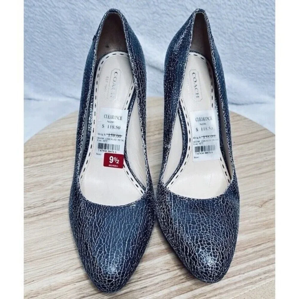 Coach‎ Adina Crackled Metal Leather Stacked Heels Size 9.5 Us